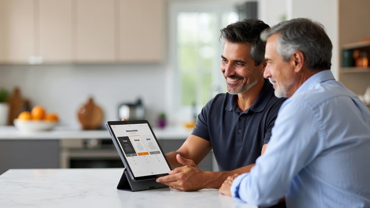 An HVAC advisor presenting a TunedQuote proposal to homeowners on a tablet